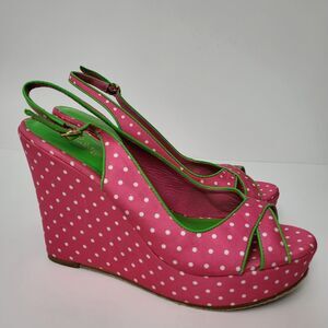 LILLY PULITZER Platform Wedge Sandals Womens 7.5 Hot Pink White Polka Dot Retro